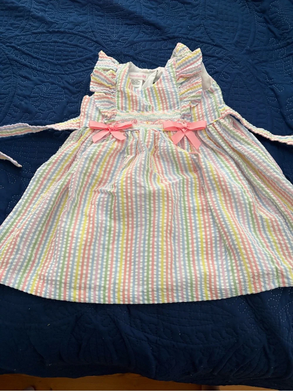 Bonnie Jean Pastel Stripe Seersucker Dress with Pink Bows